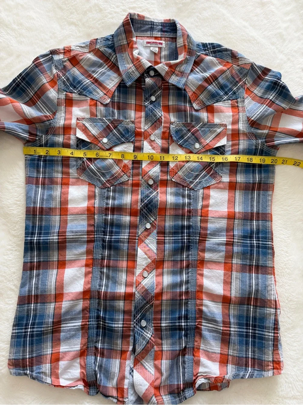 True Religion Men’s Orange and Blue Plaid Button Down Shirt
